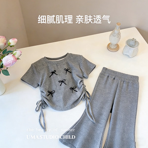 Conjunto de Verano 2026 para Niñas, Moderno, con Lazo - Pantalones Cortos Acampanados - Conjunto de Dos Piezas, Top de Manga Corta Dulce y Lindo - Product Image 5