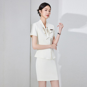 Women's Navy Blue Hotel Uniform Short Sleeve Blouse With Bow Tie And Matching Pants For Receptionists Summer 2025 - Product Image 2