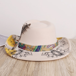 Chapeau de <span class=keywords><strong>cowboy</strong></span> occidental pour hommes et femmes, design original, accessoires en plumes, chapeaux Fedora imprimés en laine, chapeau de <span class=keywords><strong>cowboy</strong></span> de fête - Product Image 4