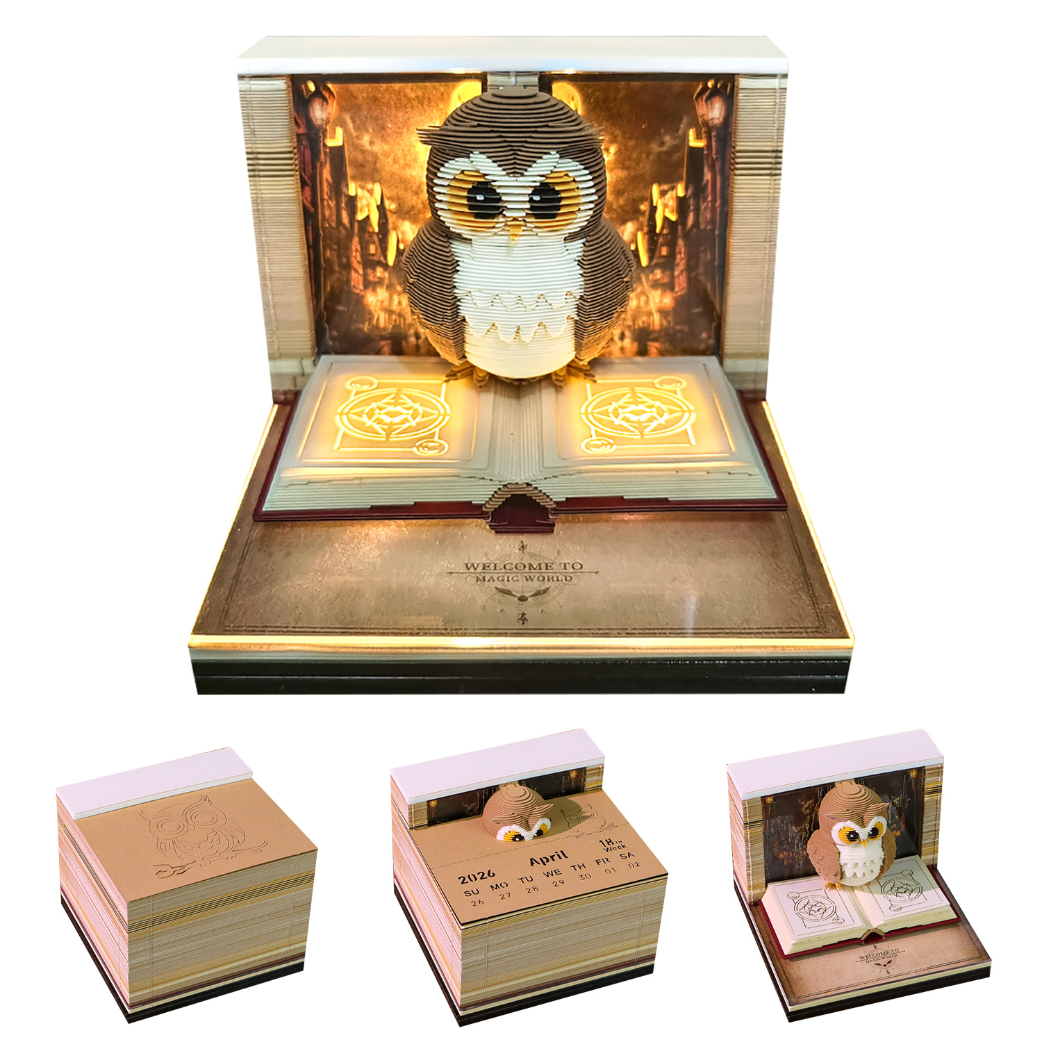 Creative Gift Magic Paper 2026 Calendar Memo Pad 3D Owl Paper Sculpture LED Light 240 Pages Custom Brand Esty Shopify Dropship