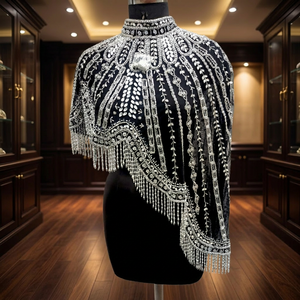 Robe de soirée noire brodée de perles avec franges, cape d'épaule, costume de scène pour mariage et fête - Product Image 3