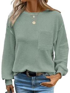 Nouveau design pull fin à ressorts pour femme, couleur unie tendance, ample et décontracté, avec broderie machine et effet froncé, en maille - Product Image 1