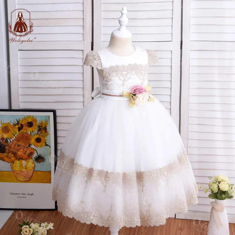 Hot Sale Summer Short Lace Sleeve A7150 Tulle Holy Toddler 4-12 Year Old Girl Wedding Lace Flower Girl Dress