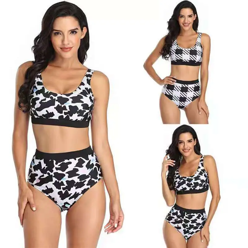 Women Athletic Floral Grid Printing Bathing Suit Two Piece Bikini Set Bandeau Crop Top Swimsuit High Waisted Sports Swimwear