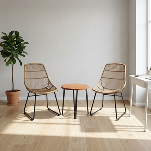 Modern Minimalist Rattan Chair Set with Teak Table Steel <b>Frame</b> Outdoor Garden Furniture 2 Seater Weather Resistant Hotel Entry - Product Image 1