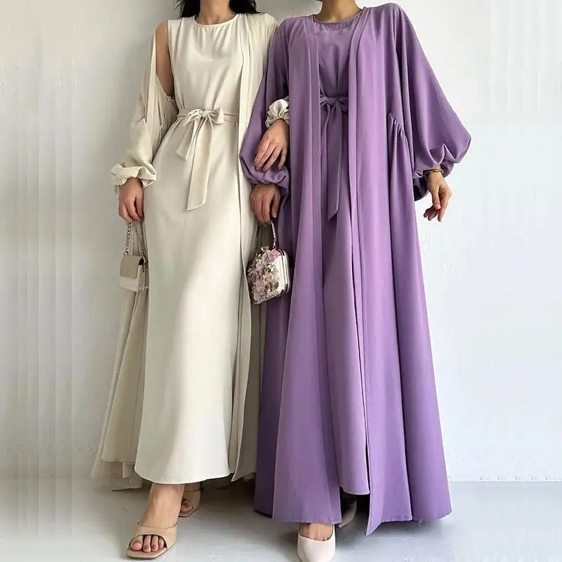 2024 Dubai mütevazı iki adet Abaya seti müslüman uzun elbise Kaftan rahat elbise İslami uzun kollu giyim  caz krep açık Abaya seti