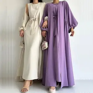 2024 Dubai sederhana dua potong Abaya Set Muslim Abaya Kaftan gaun kasual pakaian Islami lengan panjang Jazz Crepe Set Abaya terbuka