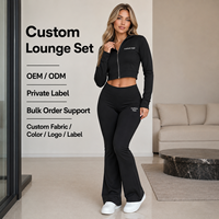 Conjunto de Dos Piezas con Logotipo Personalizado, Sudadera Corta con Cierre Completo de Algodón Negro para Mujer, Pantalones Deportivos Ajustados de Cintura Alta y Corte Acampanado