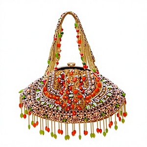 Sac de soirée demi-lune perlé orange avec franges à pompons, idéal pour les fêtes et mariages - Product Image 1