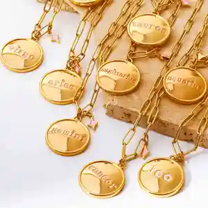 2023 New Arrival 18K Gold Plated Pink Enamel 12 Zodiac Sign Coin Pendant Necklace Y2K Girly Cute Stainless Steel Jewellery
