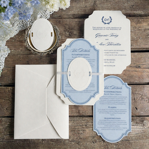 Invitation de <span class=keywords><strong>mariage</strong></span> de luxe bleu poussière, carton de coton 600 g/m², gaufrage à sec, forme personnalisée, impression typographique, suite de cartes de <span class=keywords><strong>mariage</strong></span> élégante - Product Image 3