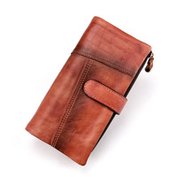Dompet Pria Kulit Asli SW Vintage, Desain Panjang dengan Slot Kartu dan Kancing, Dompet Lipat RFID Multifungsi dengan Lapisan Poliester