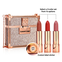 Set Lipstik Matte 3 Warna dengan Tas Rantai Emas Label Pribadi Custom Push to Release Lipstick