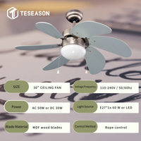 Ventilateur de plafond TS30-6CL 30 pouces avec lumière |   6 pales en MDF, 1 support de lampe E27, commande par cordon, AC50W DC30W 110-240V