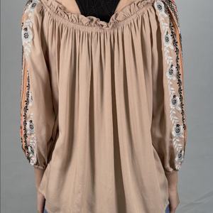 Chemisier décontracté pour femme, style chinois brodé, col large, manches longues, épaules dénudées, coupe ample classique - Product Image 4