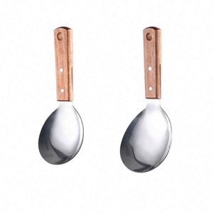 Cuillère à riz antiadhésive en acier inoxydable avec manche en bois, ustensile pour cuiseur à riz domestique - Product Image 1
