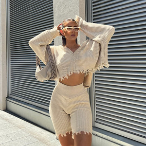 Dệt Kim 2 Mảnh Phụ Nữ Thiết Lập Thời Trang Dài Tay Áo Lỏng Dây Kéo Tua Áo Len Và Quần Short Nữ Quần Áo Phụ Nữ Hai Mảnh Thiết Lập 2022 - Product Image 1