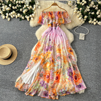 Robe longue décontractée en mousseline à imprimé floral et épaules dénudées pour femme, avec taille élastiquée et volants, coupe trapèze, idéale pour les vacances, la plage ou les soirées