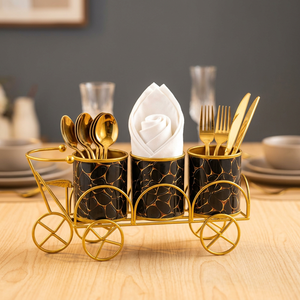 Elegant Gold <b>Cart</b> Style Metal Tableware <b>Storage</b> Holder with Wheels for Kitchen Use - Product Image 3