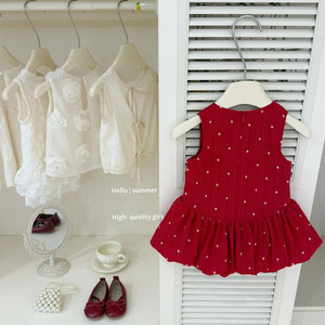 Tongxingyuan Baby Girls Summer Floral Vest Dress Red With Hair Tie A-Line Cotton Dress For Children - Product Image 2