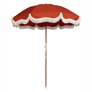 Reclaimed wood pole premium outdoor parasol waterproof polyester canopy durable fiberglass frame beach umbrellas with tassels