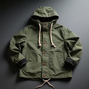 เสื้อแจ็คเก็ตกันลมผู้ชายสีเขียวแบบมีฮู้ด ปี 2025 ขายส่ง คอตั้ง ใส่ได้ทุกสภาพอากาศ ปรับได้ กระดุมสีเข้ม พร้อมกระเป๋าอเนกประสงค์ - Product Image 1