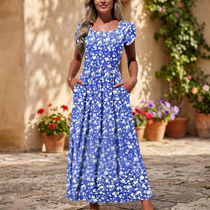 Women's <b>Maxi</b> Natural Waist Short <b>Sleeve</b> Square Neck Solid Ruched Floral <b>Summer</b> Formal Woven Washable Chiffon A-Line <b>Dress</b> - Product Image 3