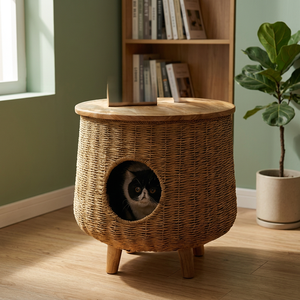 Cama Redonda Moderna para Gatos de Mimbre con Tapa y Patas de Madera para Uso en Interiores en Todas las Estaciones - Product Image 4