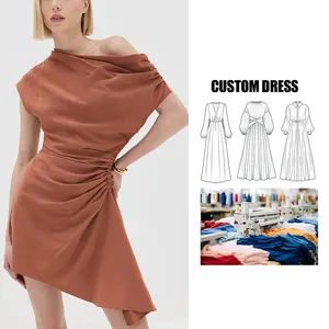 2024 ropa de mujer al por mayor personalizada moda elegante casual pliegues hombros 100% Lino mini vestido formal para mujer