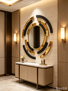 Miroir mural rond abstrait noir et or de luxe, miroir décoratif incurvé et assemblé de style Art déco moderne pour entrée d'hôtel ou de villa - Product Image 2