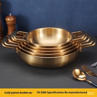 Yolecen 18-26cm Pot à ramen en acier inoxydable à double oreille à usage commercial Pot à soupe de nouilles instantanées en or de style coréen à fond plat