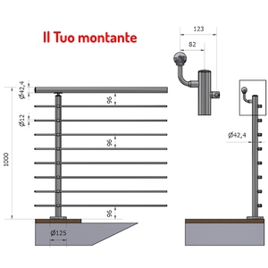 P110130-8 A4 Main courante droite 8 traverses 42.4mm Offset Finition satinée Fixation de la hauteur au sol AISI 316 Matériau Acier inoxydable - Product Image 1