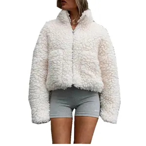 화이트 플러시 가디건 짧은 재킷 여성용 램 울 재킷 플러스 양털 코트 단색 두꺼운 따뜻한 두꺼운 Lambswool 재킷