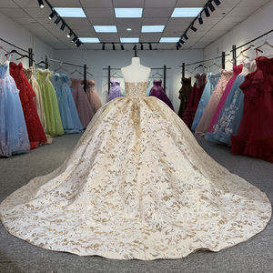 Robe de bal de luxe en mousseline Dy5995 pour Quinceañera, taille naturelle, appliques dorées brillantes, pour fête d'anniversaire formelle, traîne Watteau - Product Image 4