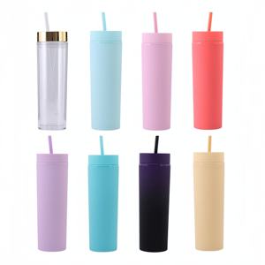 Gobelets personnalisés en plastique à double paroi de 16 oz, colorés, fins, avec couvercle et paille, pour l'eau, le lait, les fêtes - Product Image 4