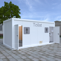 Toilette mobile portable d'extérieur en forme de ventilateur avec porte, douche, structure en acier, utilisation extérieure, ignifuge, durable, écologique