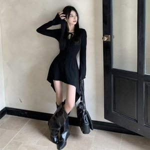 Women's Black Long Sleeve Fitted Waist Dress Criss Cross Neckline Asymmetrical Hem Daily Casual Wear - Product Image 2