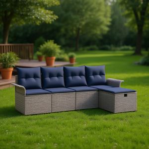 Ensemble de canapés de jardin en polyrotin 5 places avec coussins, mobilier d'extérieur style contemporain gris marine - Product Image 2