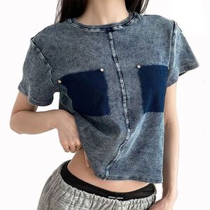 2025 personnalisé recadrée Vintage femmes lavage à l'acide tricoté T-Shirt coupe ample 100% coton décontracté été hauts - Product Image 1