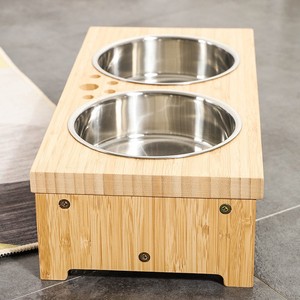 Bamboo Pet Food <b>Bowl</b> <b>Stand</b> 39.5x19.5x10.5cm Elevated Stainless Steel Double <b>Bowl</b> For <b>Dogs</b> Cats - Product Image 4