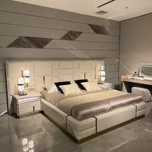Modern Luxury Double King Bed In Big Widescreen Leather Soft Style With Wooden Frame For Master Villa Bedroom