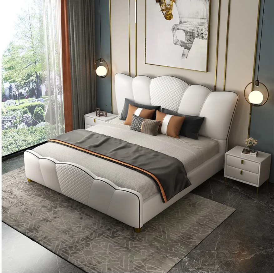 Milky curved headboard cal King bed white microfiber leather platform bed