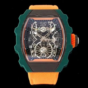Reloj de pulsera Tourbillon Skeleton con movimiento mecánico, marco verde y negro, diseño de alta gama para hombre, tonneau, fibra de carbono, resistente al agua, naranja flúor - Product Image 1