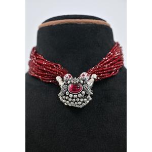 Vintage 925 <b>Silver</b> Oxidised Jantar Necklace Red Crystal Inlay Claw Setting Women's Statement Jewelry Wedding Ethnic Party Wear - Product Image 1