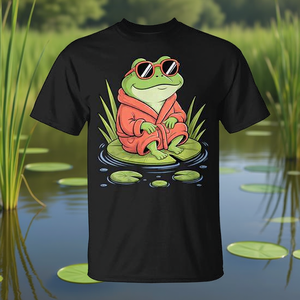 T-shirt unisexe pour adulte à manches courtes et col rond avec impression numérique promotionnelle, motif grenouille décontractée en robe et lunettes de soleil sur une feuille de lotus - Product Image 3