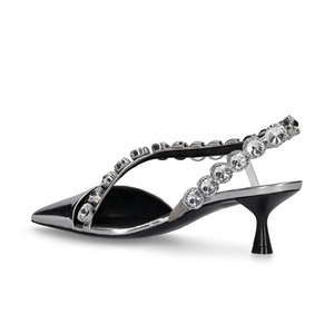 Summer Wide Fit Rhinestones Shoes Large Size 46 Low Heels Dress Pumps Women Silver Patent Slingback Sandals - Product Image 2