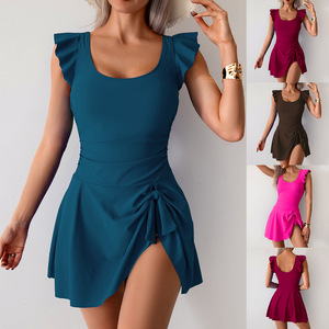 Maillot de bain une pièce pour femmes, col rond, couleur unie, pour la natation et les sports nautiques - Product Image 2