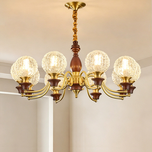 Massiver Kupfer-Kronleuchter im Französischen Vintage-Stil, Retro Amerikanischer LED-Deckenleuchter, Einfache Installation, Walnuss-Akzente für Wohnzimmer - Product Image 1