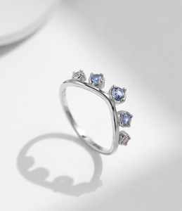 S925 Sterling Silver Curved Crown <b>Ring</b> With Gradient Blue Zircon Delicate Stackable Jewelry Gift For Ladies Daily Dating Wear - Product Image 3