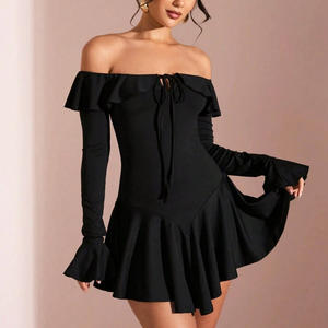 Schwarzes Mini-Kleid für Damen, schulterfrei, Rüschen, Langarm, Glockenrock, figurbetont, elegant, sexy, für Abend, Party, Abschlussball, Clubwear - Product Image 2